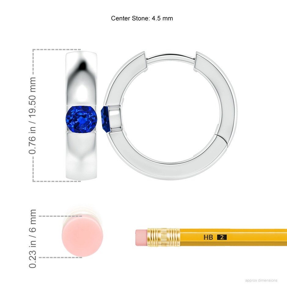 4.5mm AAAA Channel-Set Round Blue Sapphire Hinged Hoop Earrings in White Gold ruler