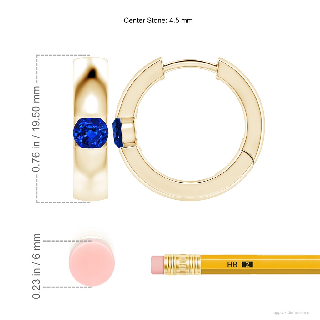 4.5mm AAAA Channel-Set Round Blue Sapphire Hinged Hoop Earrings in Yellow Gold ruler
