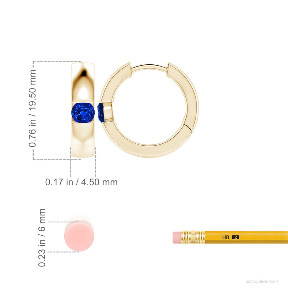 4.5mm AAAA Channel-Set Round Blue Sapphire Hinged Hoop Earrings in Yellow Gold ruler
