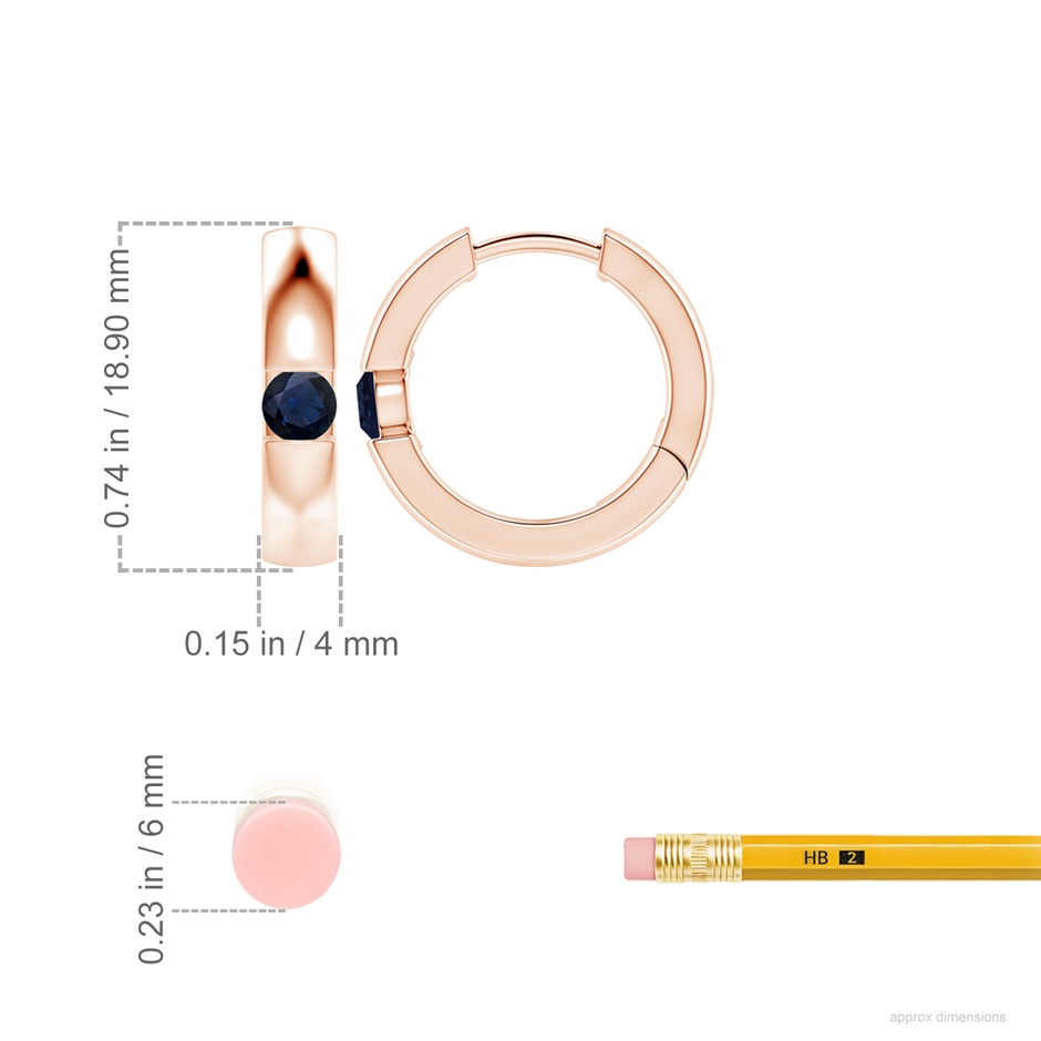 4mm A Channel-Set Round Blue Sapphire Hinged Hoop Earrings in Rose Gold ruler