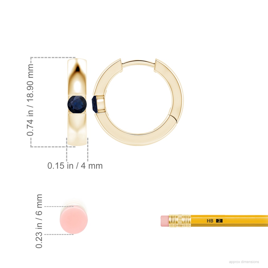 4mm A Channel-Set Round Blue Sapphire Hinged Hoop Earrings in Yellow Gold ruler