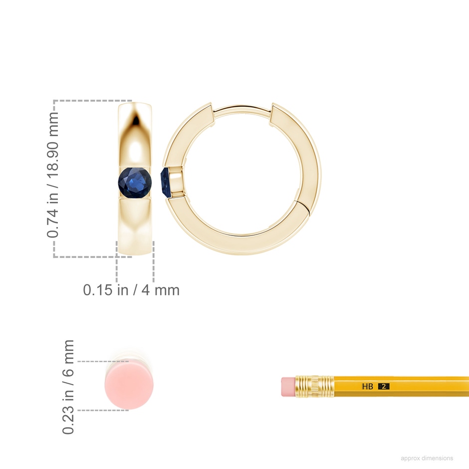 4mm AA Channel-Set Round Blue Sapphire Hinged Hoop Earrings in Yellow Gold ruler