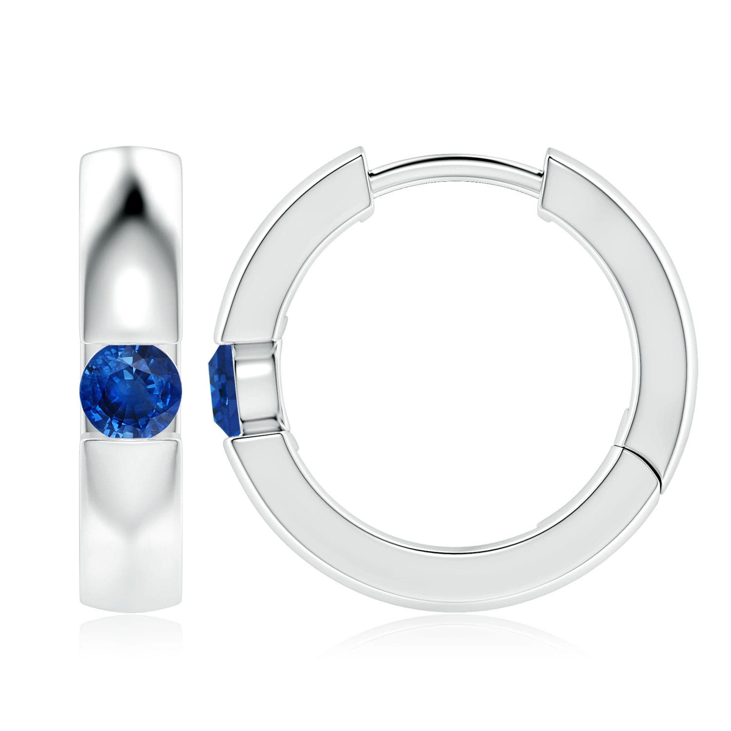 4mm AAA Channel-Set Round Blue Sapphire Hinged Hoop Earrings in 18K White Gold