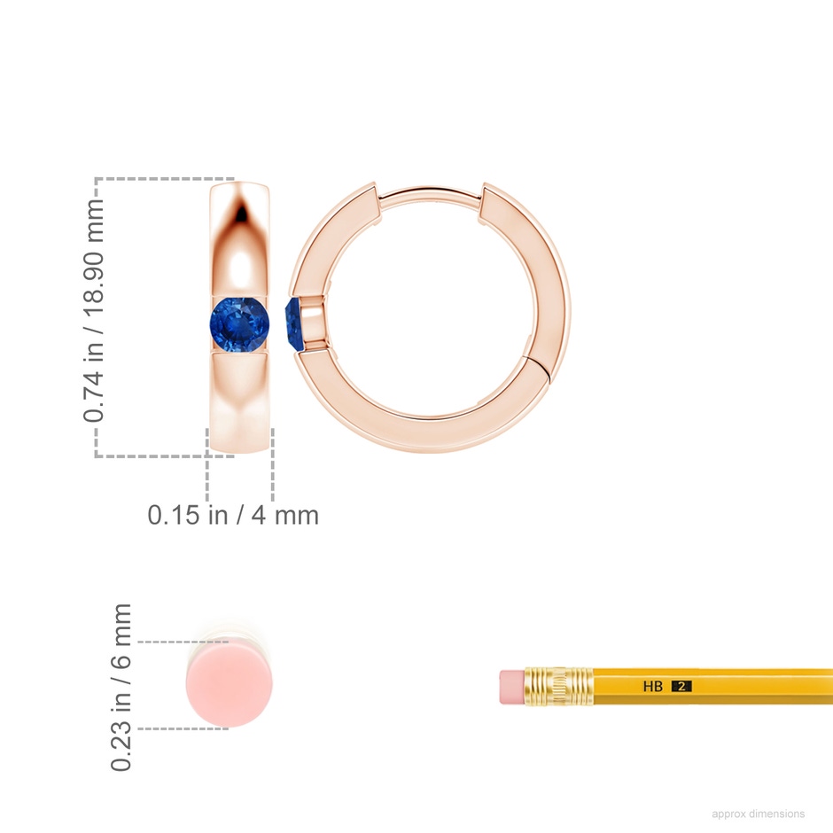 4mm AAA Channel-Set Round Blue Sapphire Hinged Hoop Earrings in Rose Gold ruler