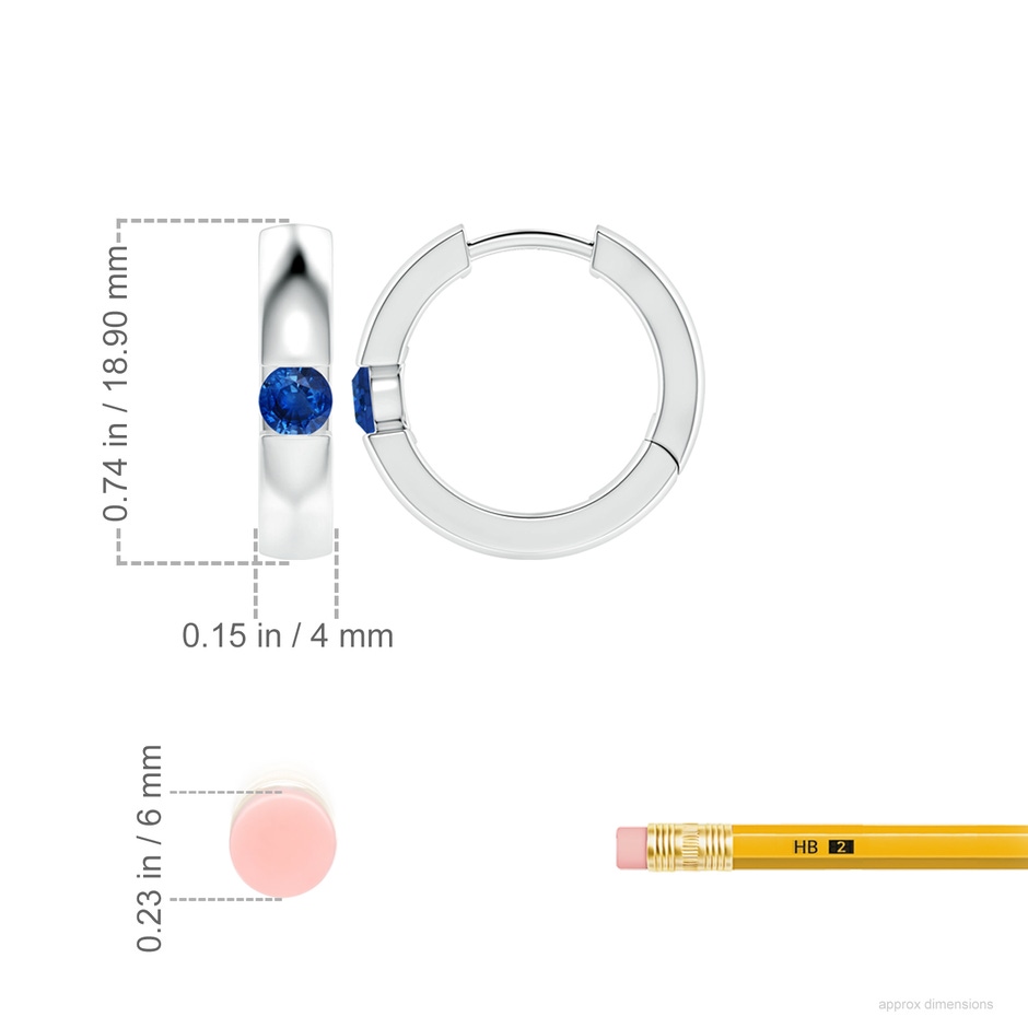 4mm AAA Channel-Set Round Blue Sapphire Hinged Hoop Earrings in White Gold ruler