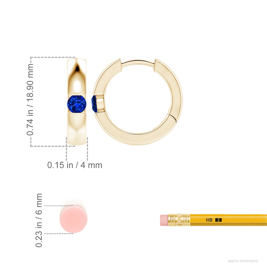 4mm AAAA Channel-Set Round Blue Sapphire Hinged Hoop Earrings in Yellow Gold ruler