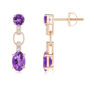 6x4mm AA Round and Oval Amethyst Dangle Earrings with Diamond Accents in Rose Gold