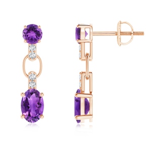 6x4mm AAA Round and Oval Amethyst Dangle Earrings with Diamond Accents in 10K Rose Gold