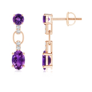 6x4mm AAAA Round and Oval Amethyst Dangle Earrings with Diamond Accents in 10K Rose Gold
