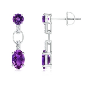 6x4mm AAAA Round and Oval Amethyst Dangle Earrings with Diamond Accents in White Gold