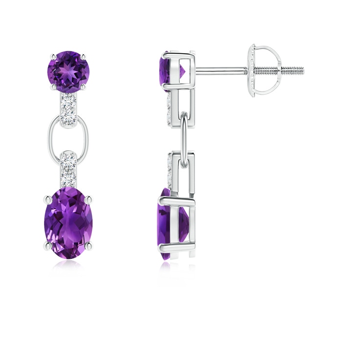 6x4mm AAAA Round and Oval Amethyst Dangle Earrings with Diamond Accents in White Gold 