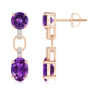 7x5mm AAAA Round and Oval Amethyst Dangle Earrings with Diamond Accents in Rose Gold