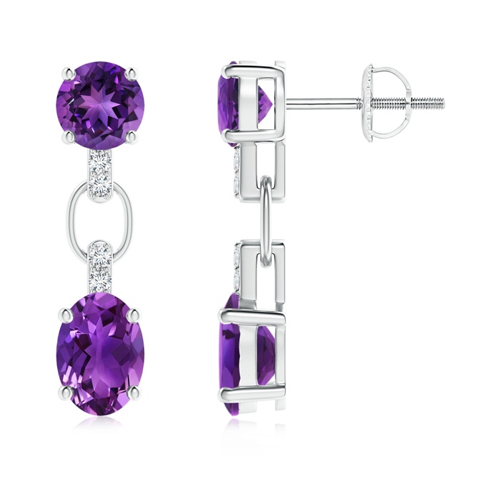7x5mm AAAA Round and Oval Amethyst Dangle Earrings with Diamond Accents in White Gold