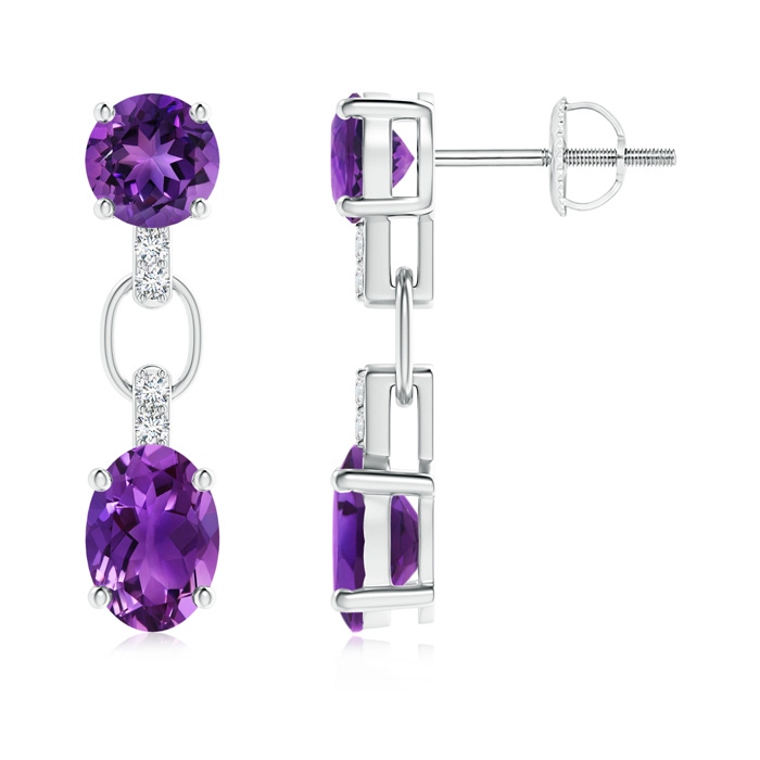 7x5mm AAAA Round and Oval Amethyst Dangle Earrings with Diamond Accents in White Gold 