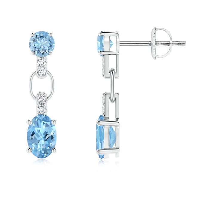 6x4mm AAAA Round and Oval Aquamarine Dangle Earrings with Diamonds in White Gold