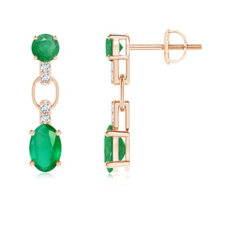 6x4mm A Round and Oval Emerald Dangle Earrings with Diamond Accents in Rose Gold