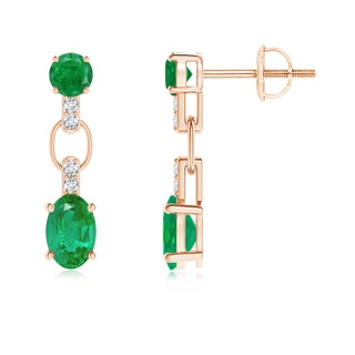 6x4mm AA Round and Oval Emerald Dangle Earrings with Diamond Accents in 9K Rose Gold