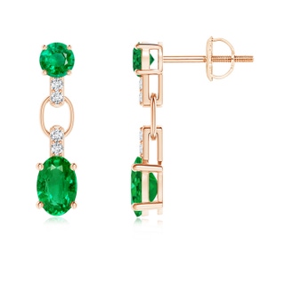 6x4mm AAA Round and Oval Emerald Dangle Earrings with Diamond Accents in 9K Rose Gold