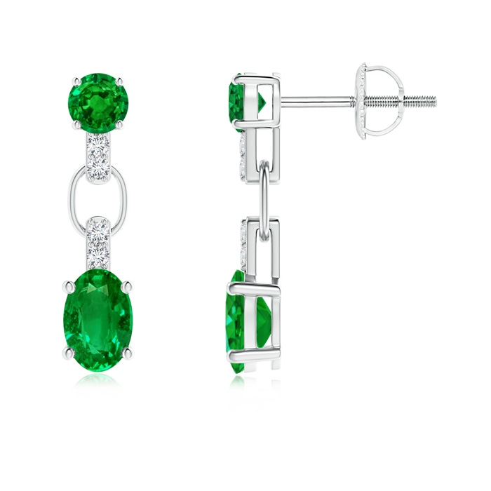 6x4mm AAAA Round and Oval Emerald Dangle Earrings with Diamond Accents in P950 Platinum