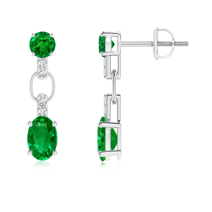 6x4mm AAAA Round and Oval Emerald Dangle Earrings with Diamond Accents in P950 Platinum 