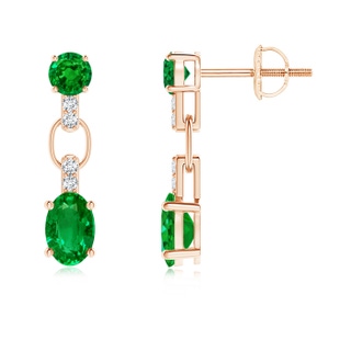6x4mm AAAA Round and Oval Emerald Dangle Earrings with Diamond Accents in Rose Gold