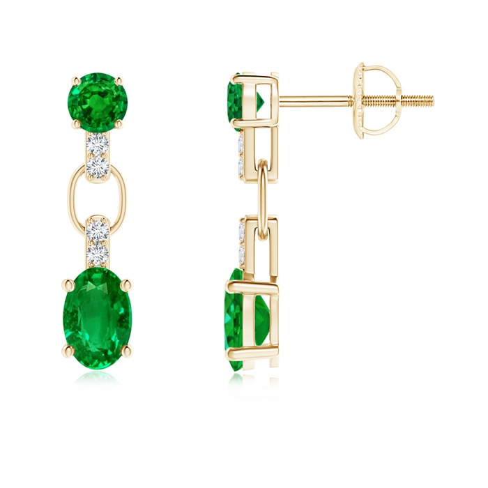 6x4mm AAAA Round and Oval Emerald Dangle Earrings with Diamond Accents in Yellow Gold
