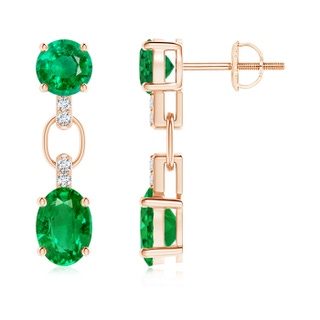 7x5mm AAA Round and Oval Emerald Dangle Earrings with Diamond Accents in Rose Gold