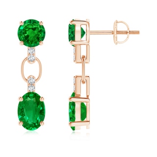 7x5mm AAAA Round and Oval Emerald Dangle Earrings with Diamond Accents in 9K Rose Gold