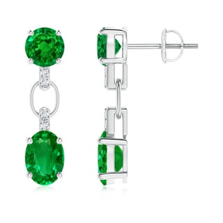 7x5mm AAAA Round and Oval Emerald Dangle Earrings with Diamond Accents in P950 Platinum