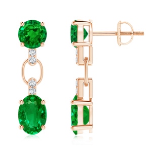 7x5mm AAAA Round and Oval Emerald Dangle Earrings with Diamond Accents in Rose Gold