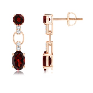 6x4mm AAA Round and Oval Garnet Dangle Earrings with Diamond Accents in Rose Gold