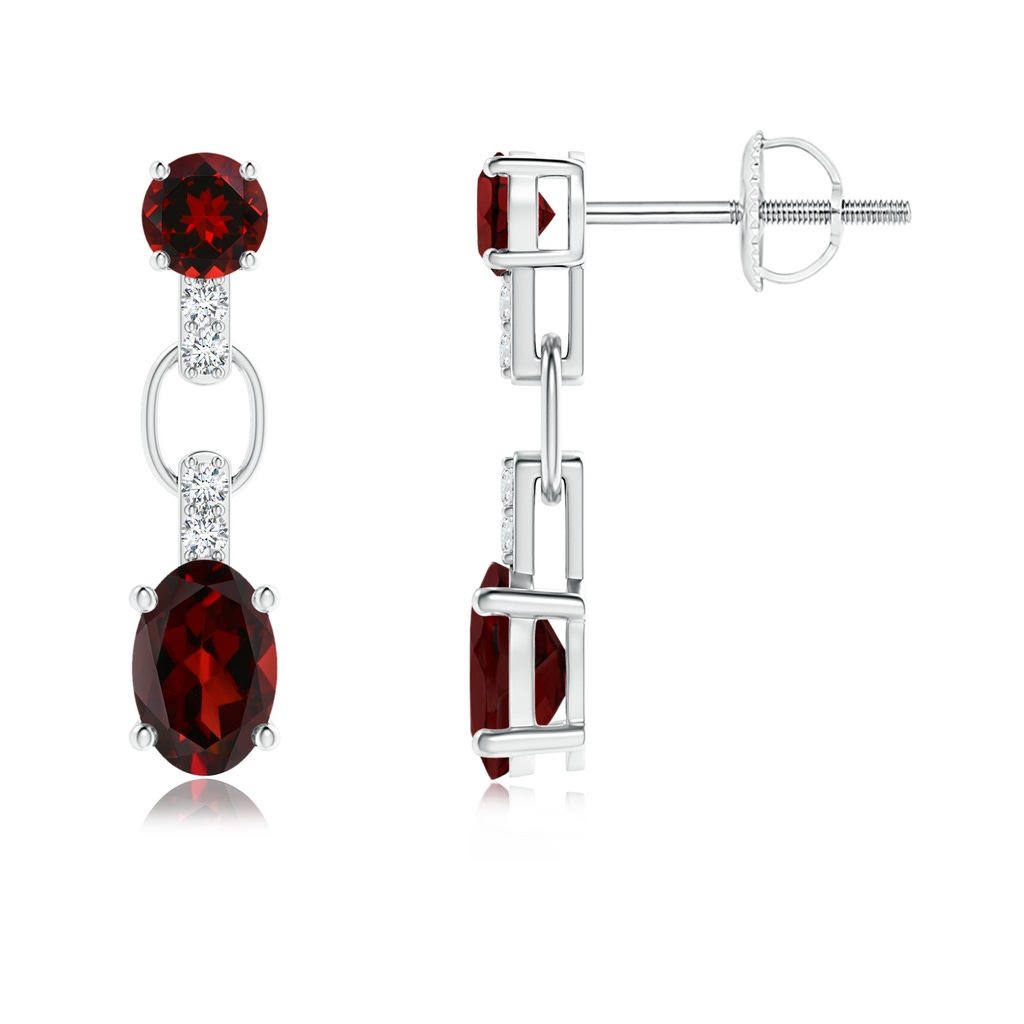 6x4mm AAA Round and Oval Garnet Dangle Earrings with Diamond Accents in White Gold