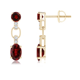 6x4mm AAAA Round and Oval Garnet Dangle Earrings with Diamond Accents in Yellow Gold