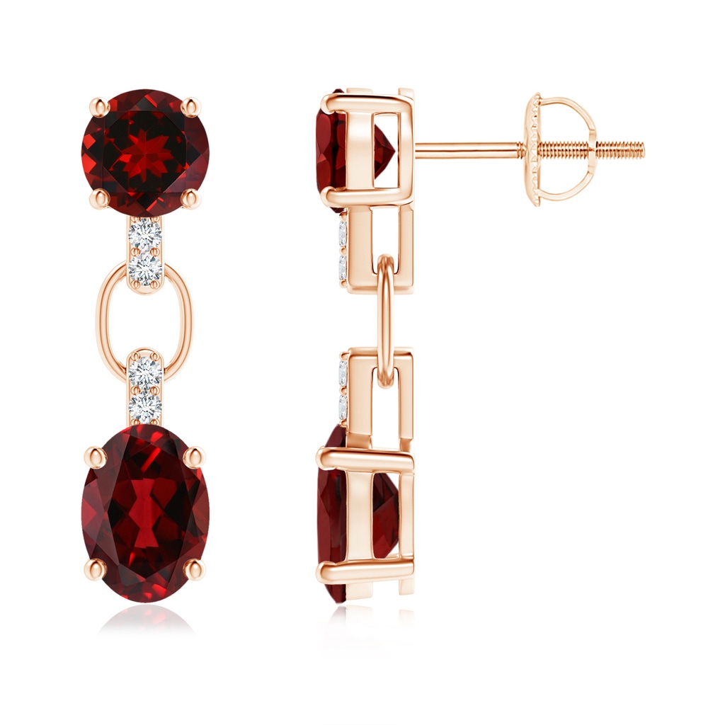 7x5mm AAAA Round and Oval Garnet Dangle Earrings with Diamond Accents in Rose Gold