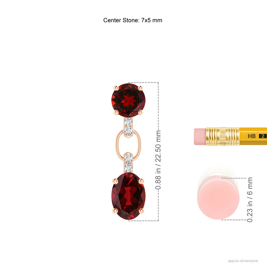 7x5mm AAAA Round and Oval Garnet Dangle Earrings with Diamond Accents in Rose Gold ruler