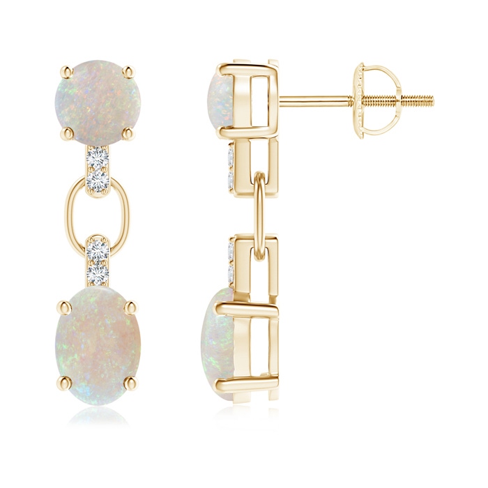 7x5mm AA Round and Oval Opal Dangle Earrings with Diamond Accents in Yellow Gold