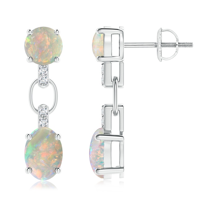 7x5mm AAAA Round and Oval Opal Dangle Earrings with Diamond Accents in P950 Platinum