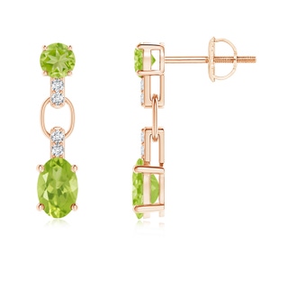 6x4mm AA Round and Oval Peridot Dangle Earrings with Diamond Accents in 9K Rose Gold