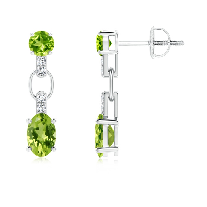 6x4mm AAA Round and Oval Peridot Dangle Earrings with Diamond Accents in White Gold
