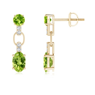6x4mm AAA Round and Oval Peridot Dangle Earrings with Diamond Accents in Yellow Gold
