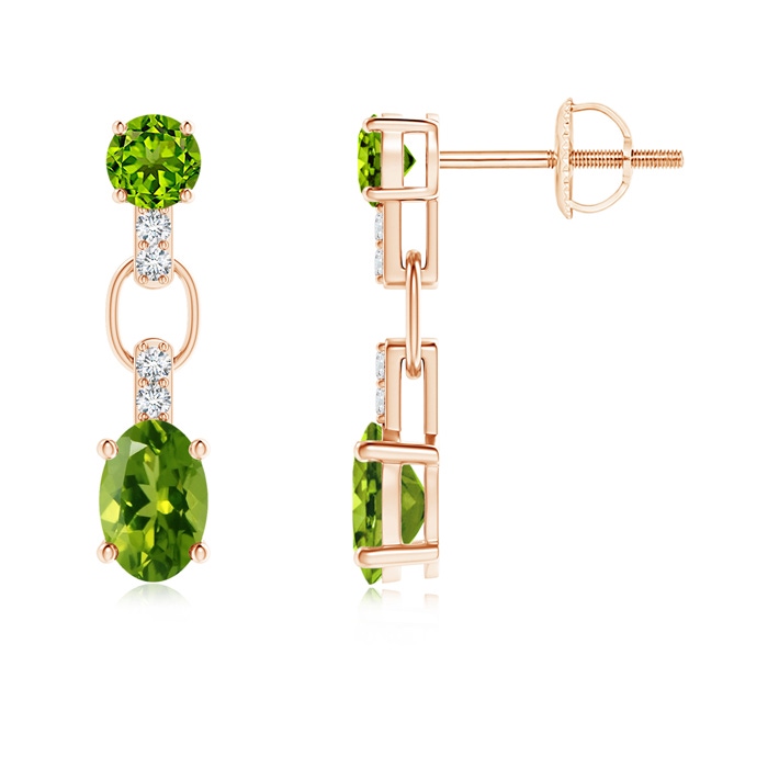 6x4mm AAAA Round and Oval Peridot Dangle Earrings with Diamond Accents in Rose Gold