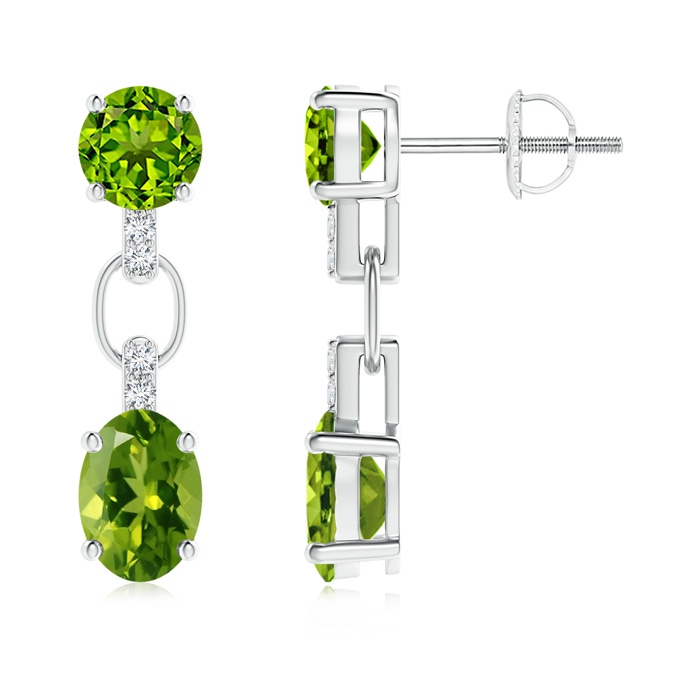 7x5mm AAAA Round and Oval Peridot Dangle Earrings with Diamond Accents in White Gold 