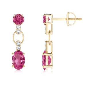 6x4mm AAAA Round and Oval Pink Sapphire Dangle Earrings with Diamonds in 9K Yellow Gold