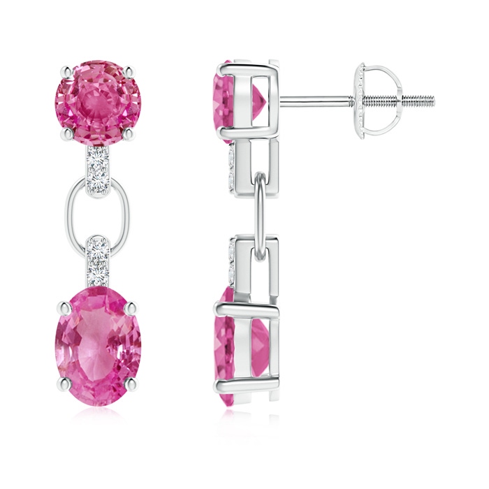 7x5mm AAA Round and Oval Pink Sapphire Dangle Earrings with Diamonds in White Gold