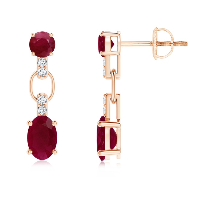 6x4mm A Round and Oval Ruby Dangle Earrings with Diamond Accents in 9K Rose Gold 