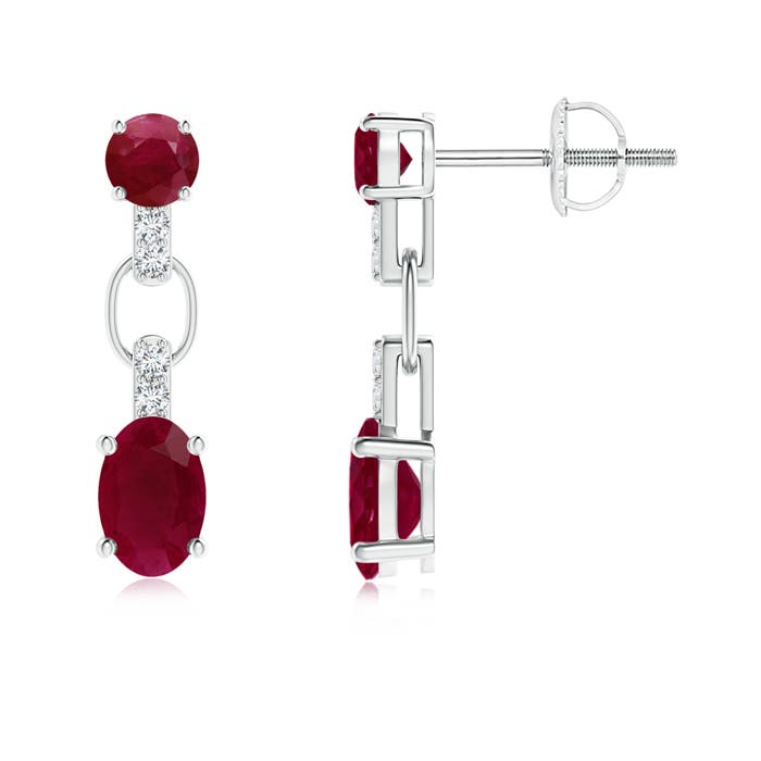 6x4mm A Round and Oval Ruby Dangle Earrings with Diamond Accents in P950 Platinum