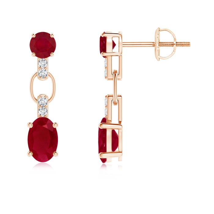 6x4mm AA Round and Oval Ruby Dangle Earrings with Diamond Accents in 9K Rose Gold 