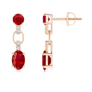 6x4mm AAA Round and Oval Ruby Dangle Earrings with Diamond Accents in Rose Gold