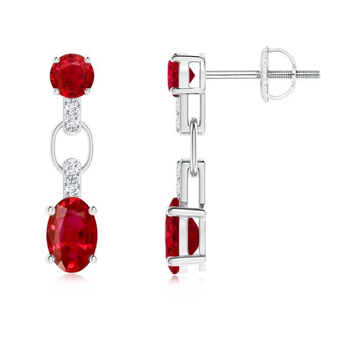 6x4mm AAA Round and Oval Ruby Dangle Earrings with Diamond Accents in White Gold 