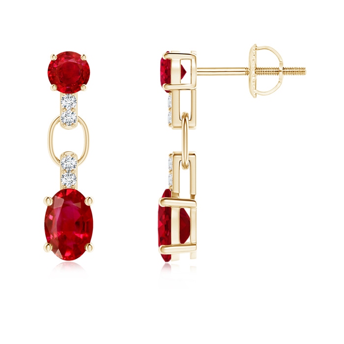 6x4mm AAA Round and Oval Ruby Dangle Earrings with Diamond Accents in Yellow Gold